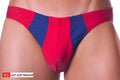 Men’s sport buns bikini briefs with red and blue stripes and bold athletic design for active wear