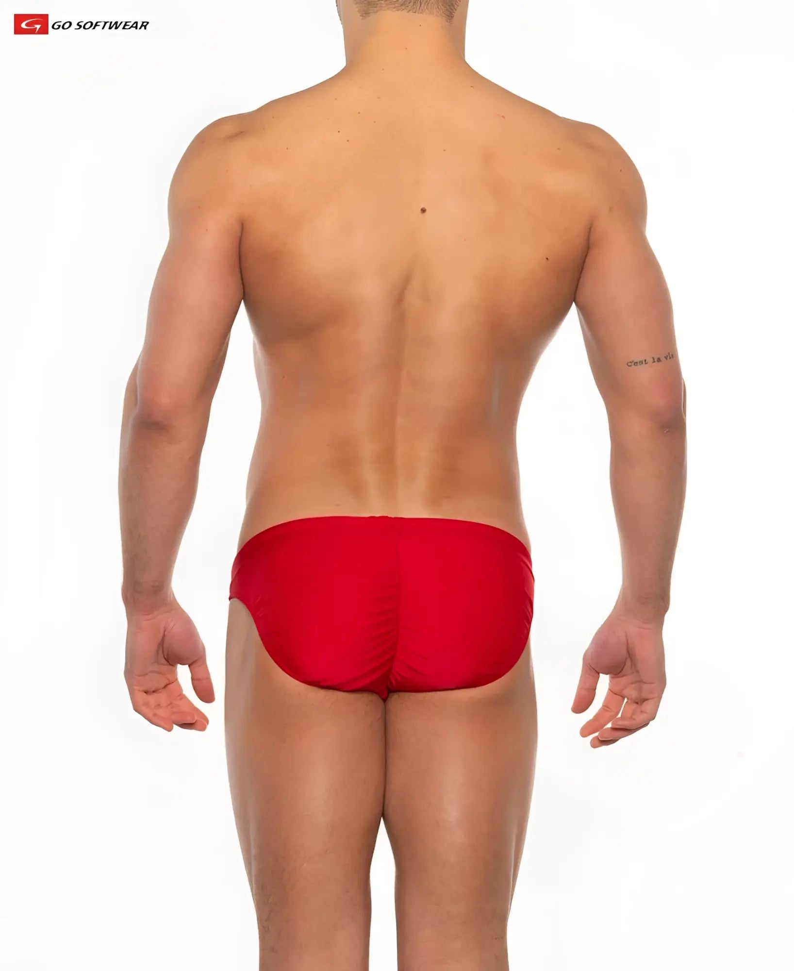 Red sport buns bikini made of softwear fabric featuring red swim trunks showing the back side of the product