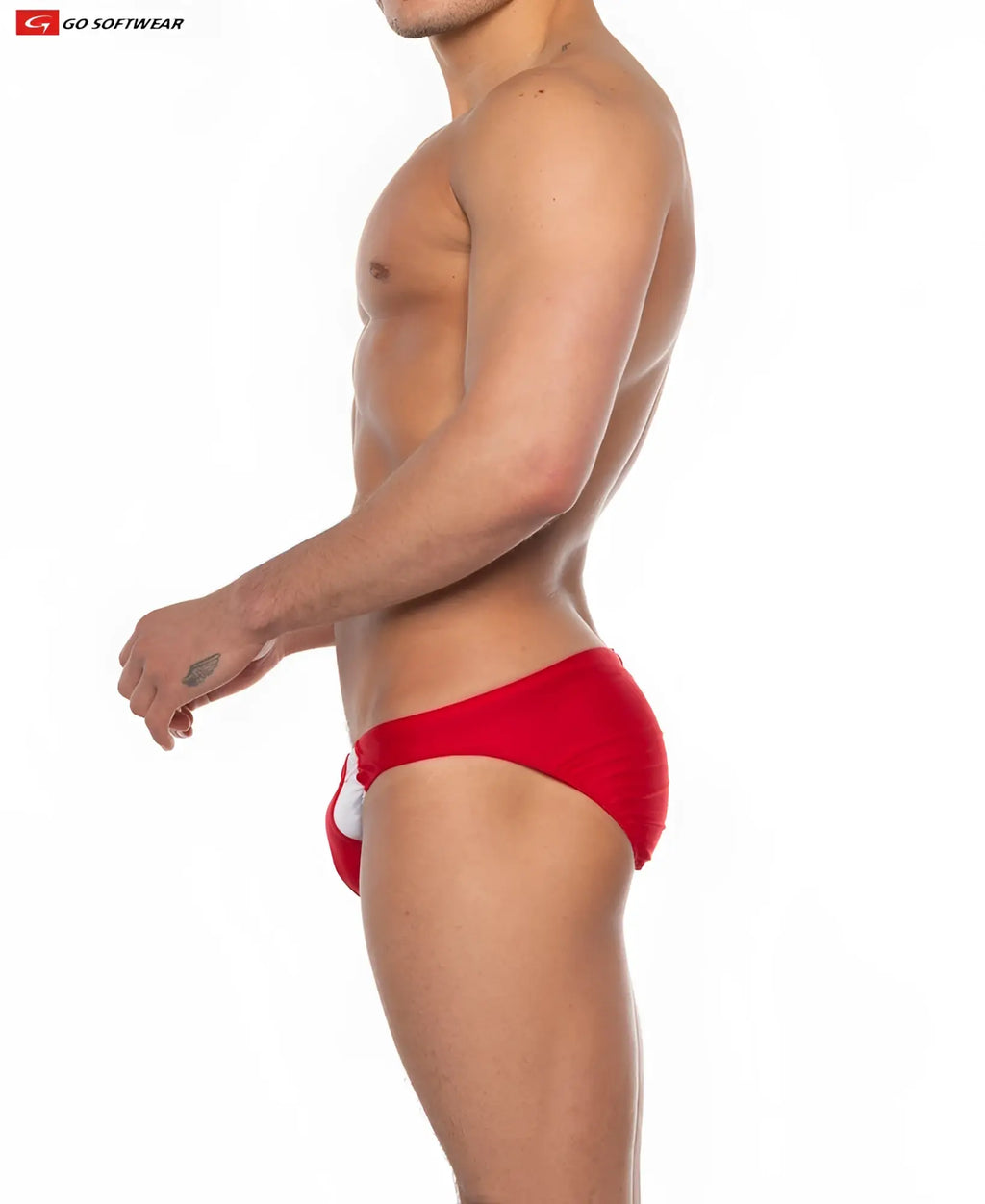 Red sport Buns bikini swim trunks with white side accent, snug fit, and smooth fabric for active wear