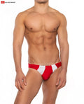 Sport buns bikini featuring red and white striped swim trunks with a bold athletic design for active wear