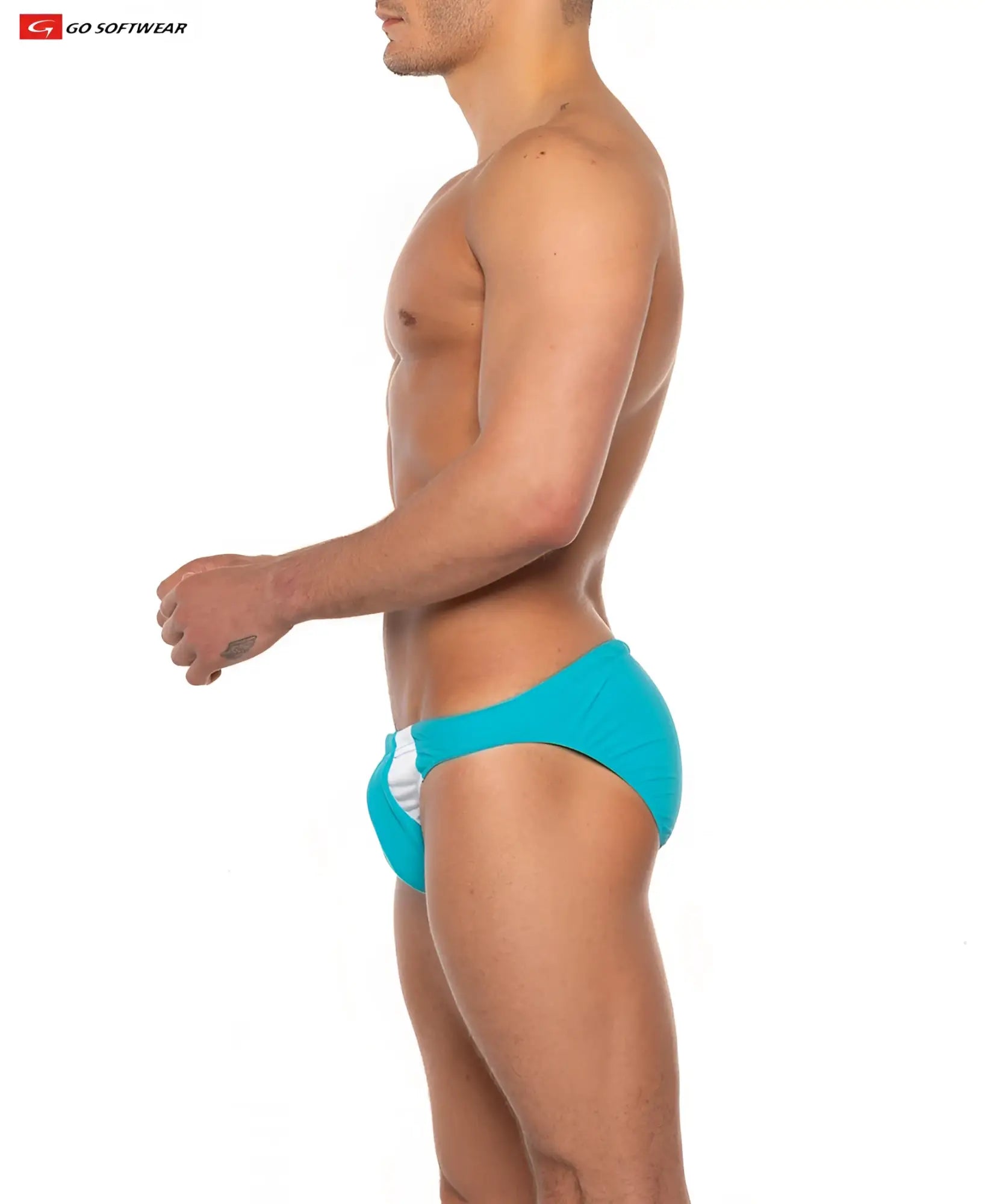 Turquoise and white men’s sport buns bikini swim trunks with sleek modern design for active beachwear