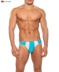 Turquoise and white striped men’s swim trunks by go softwear sport buns bikini with softwear fabric