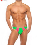 Vibrant neon green and pink striped sport buns bikini swim trunks designed for active beachwear