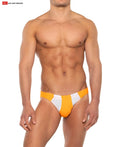 Vibrant orange and white striped sport buns bikini swim trunks with bold modern design for active swimwear use