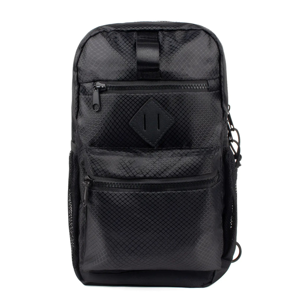 Sport crossbody sling bag in black mesh with diamond-shaped patch and multiple zippered compartments for easy storage