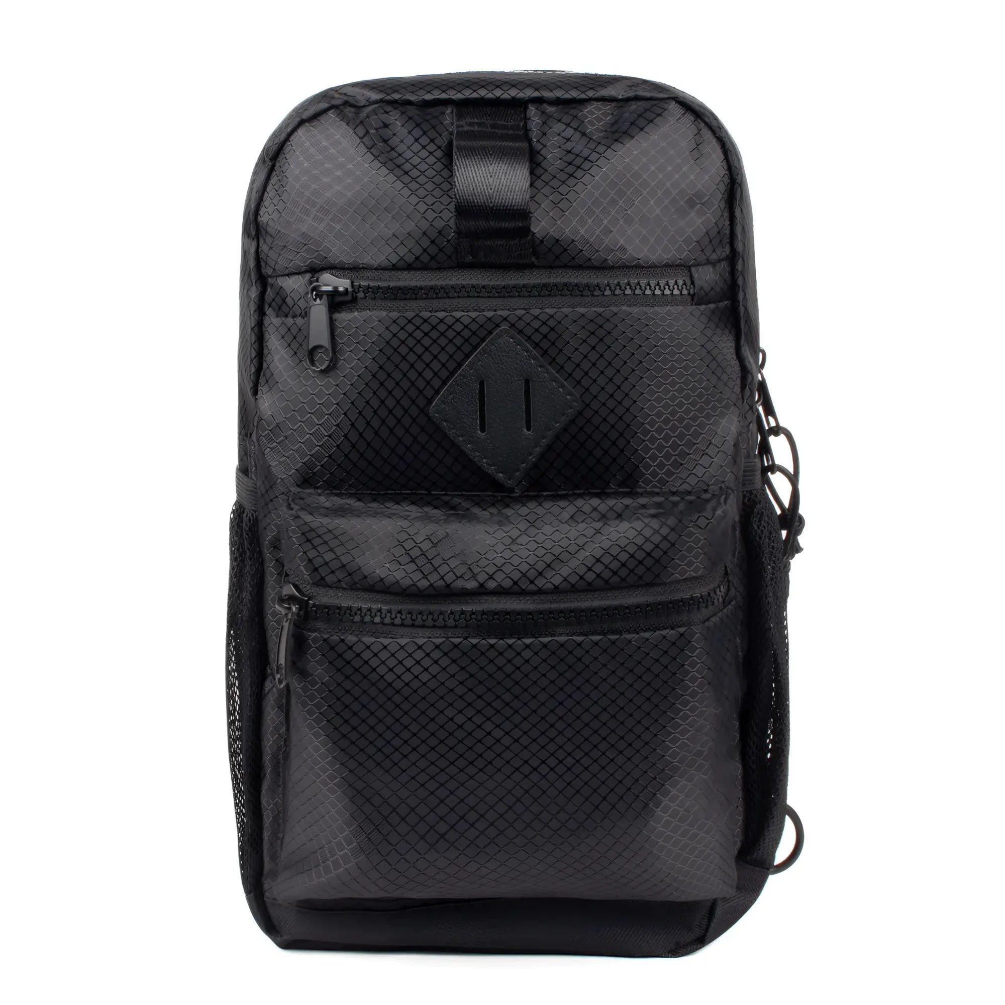 Sport crossbody sling bag in black mesh with diamond-shaped patch and multiple zippered compartments for easy storage