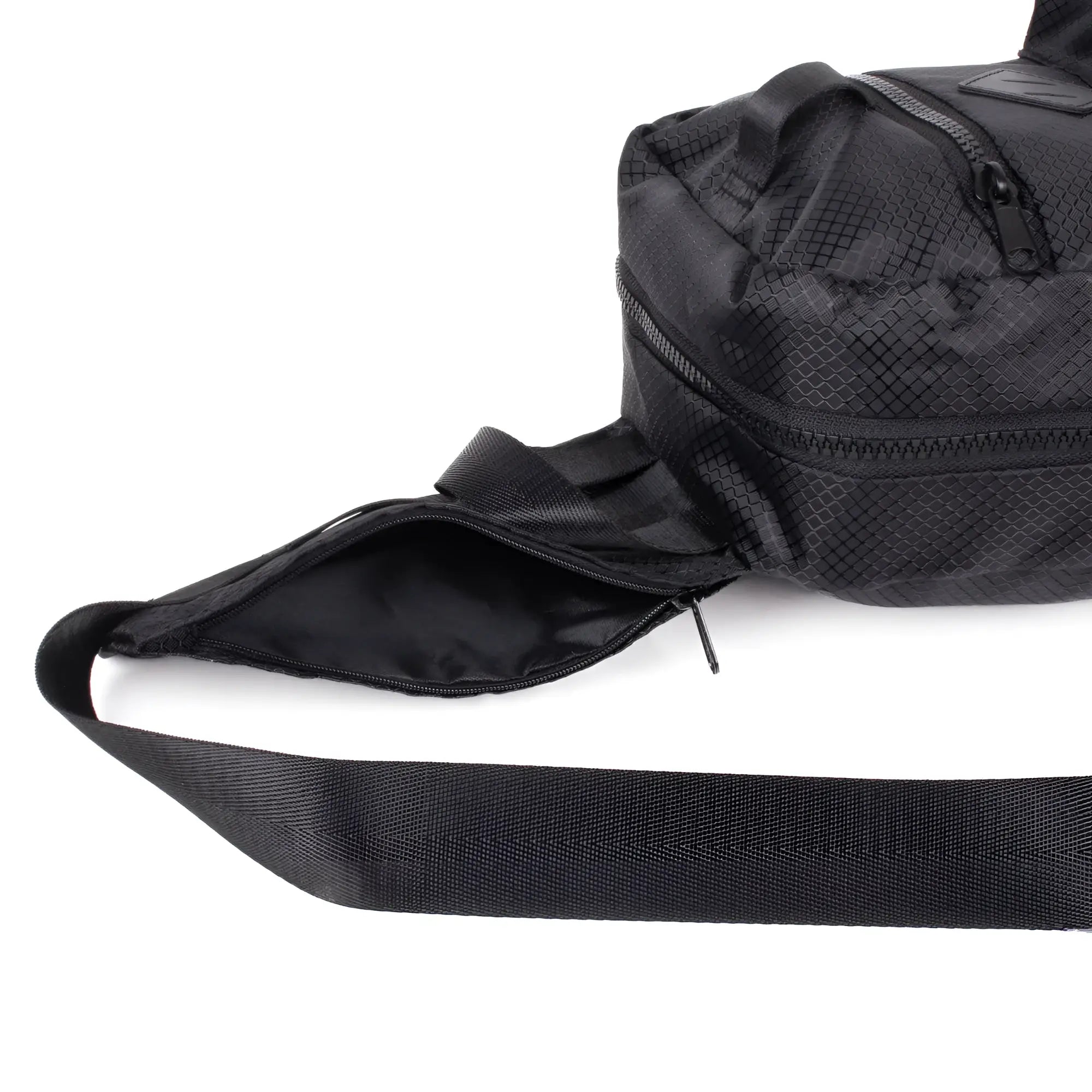 Black sport crossbody sling bag with mesh pattern wide adjustable strap and multiple zippered compartments
