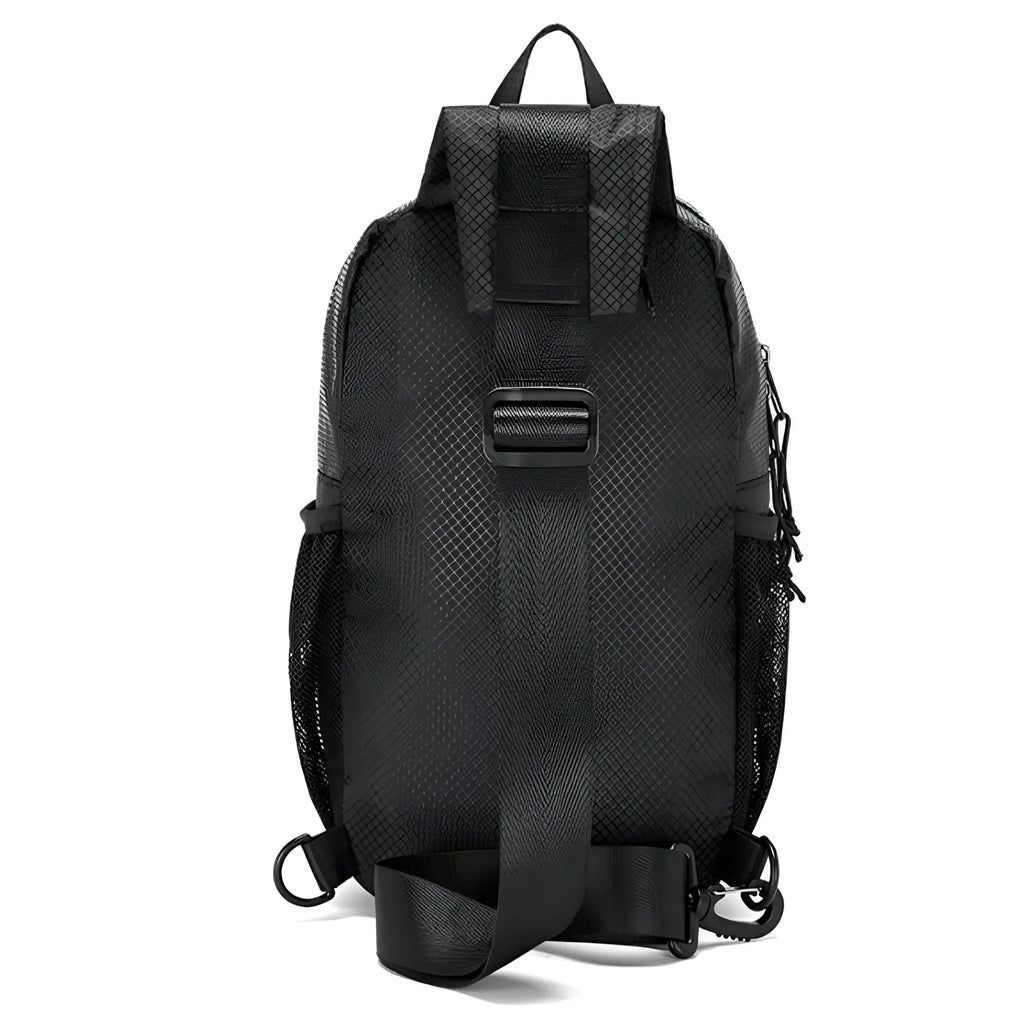 Black mesh sport crossbody sling bag with adjustable strap and side pockets for convenient carrying