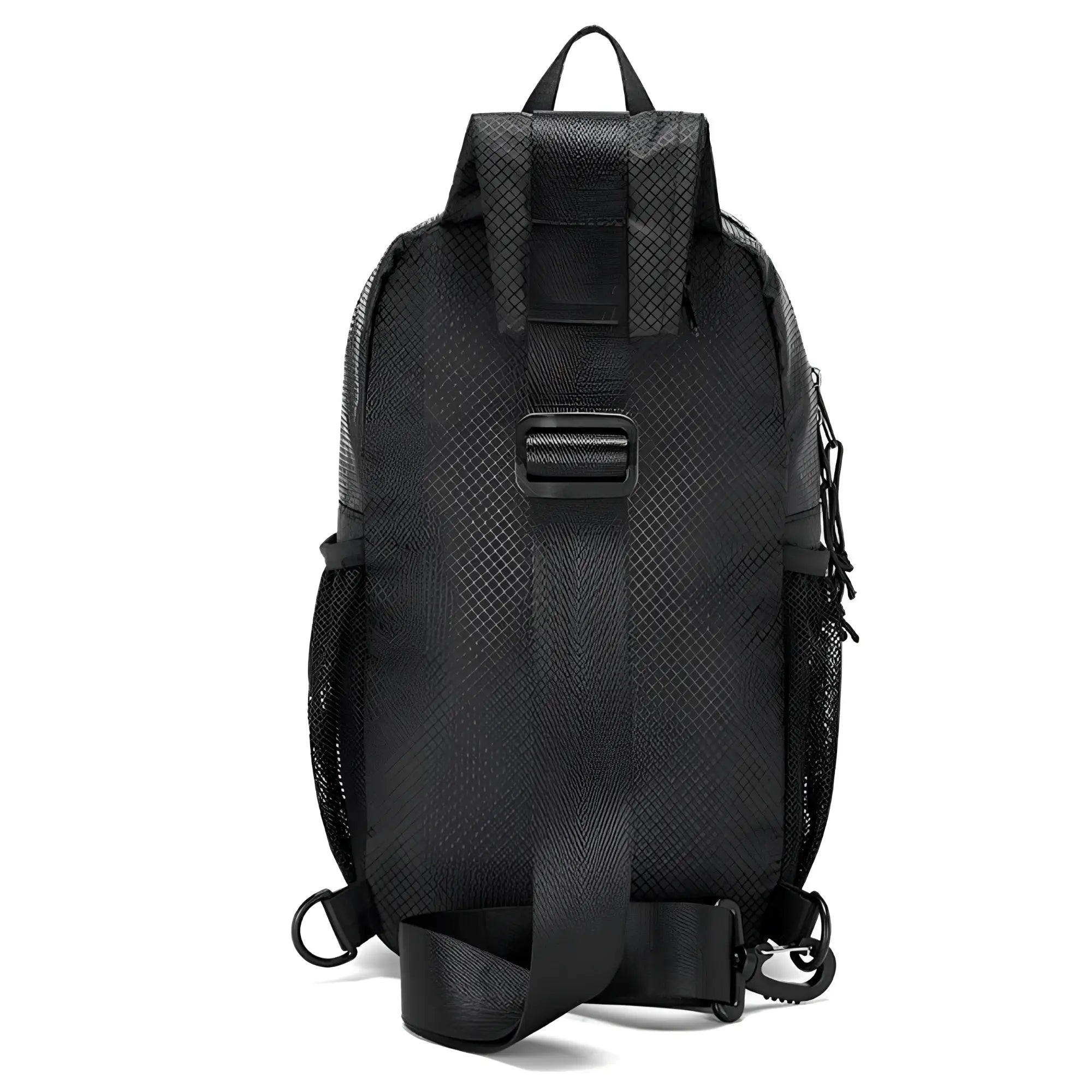 Black mesh sport crossbody sling bag with adjustable strap and side pockets for convenient carrying