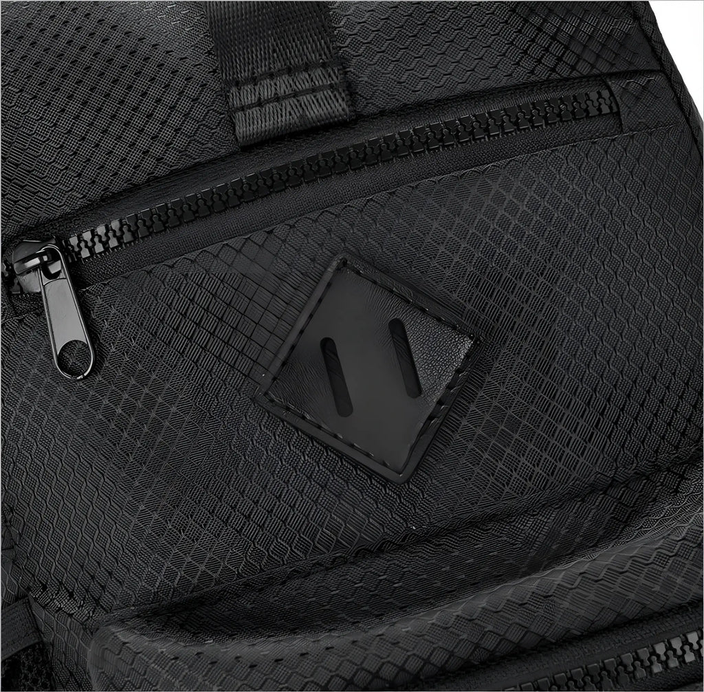Sport crossbody sling bag black mesh textured backpack with diamond shaped leather patch and black zipper details