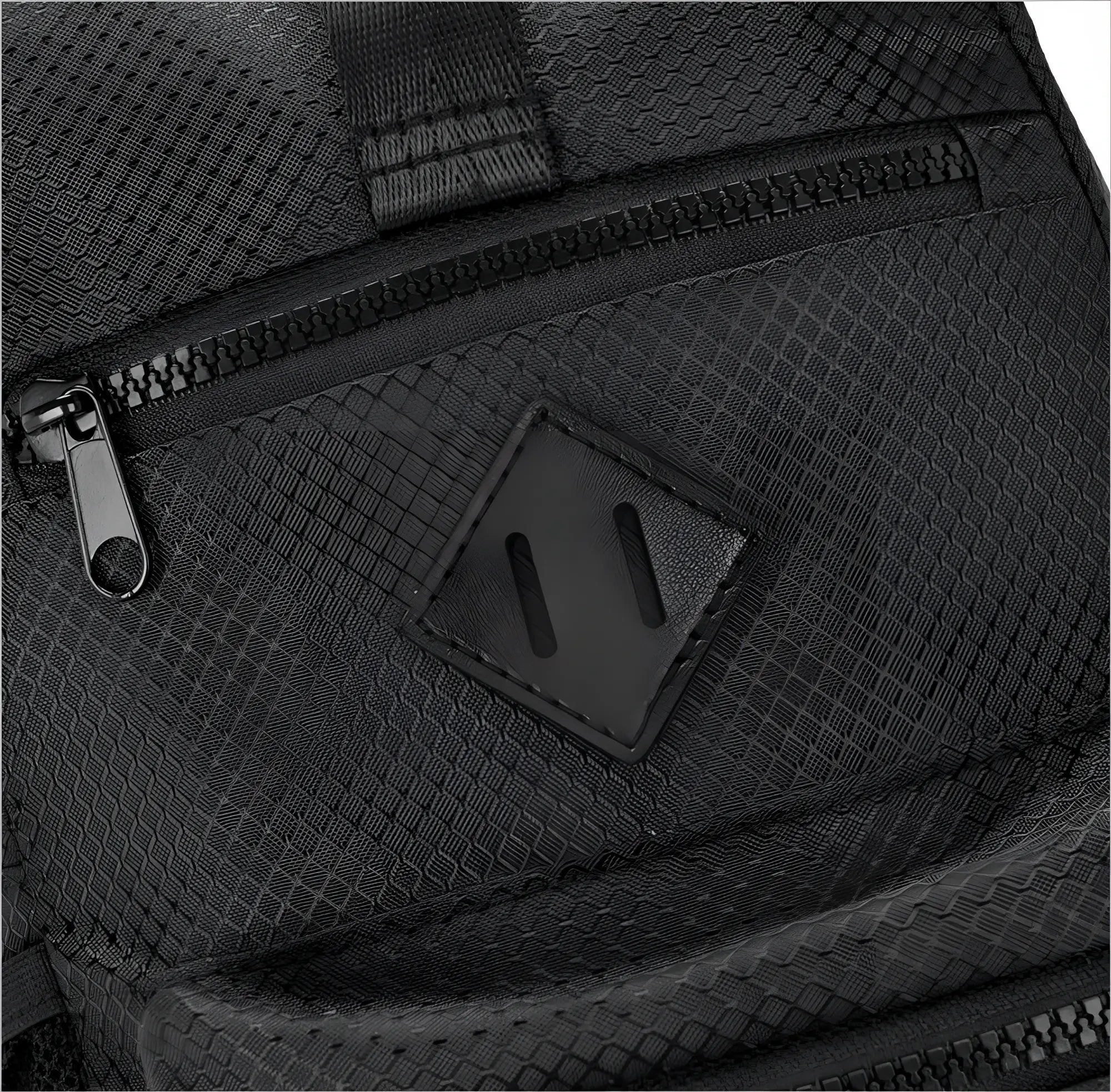 Sport crossbody sling bag black mesh textured backpack with diamond shaped leather patch and black zipper details