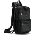 Black textured nylon sport crossbody sling bag with diamond-shaped logo patch and mesh side pockets