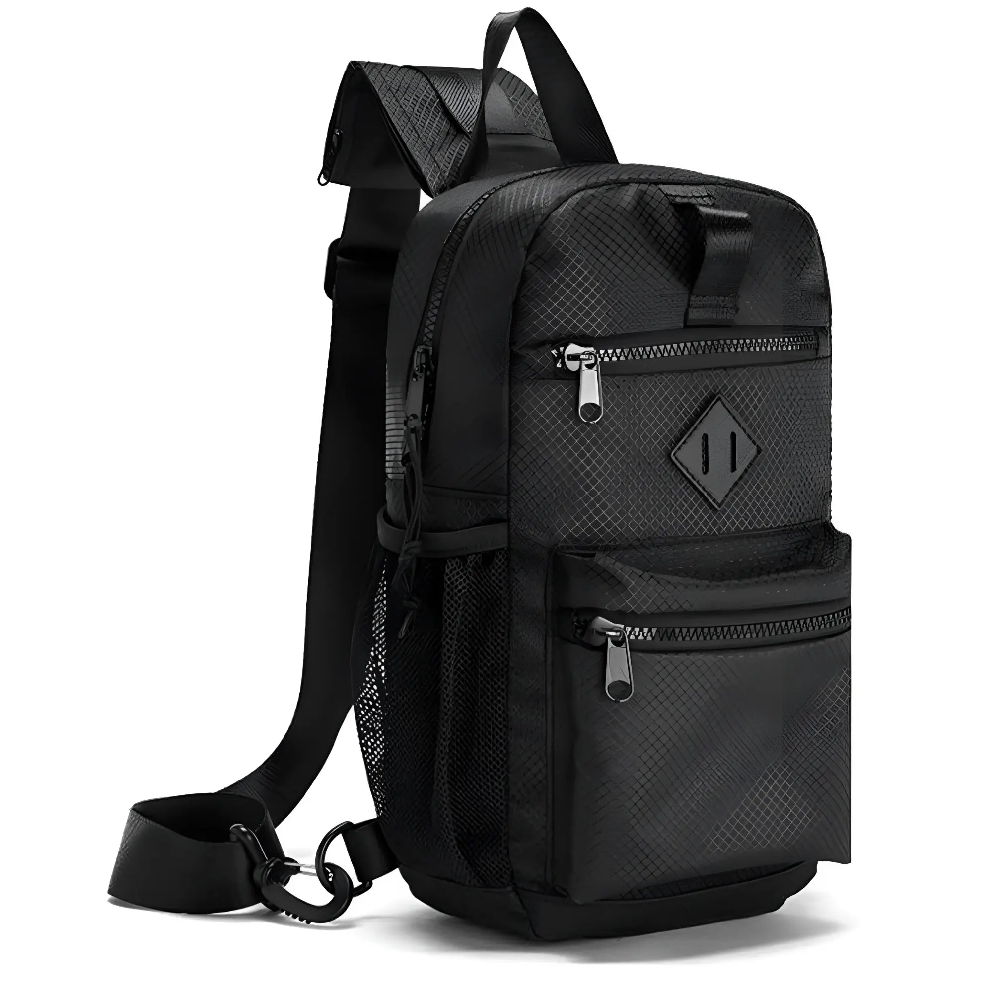 Black textured nylon sport crossbody sling bag with diamond-shaped logo patch and mesh side pockets