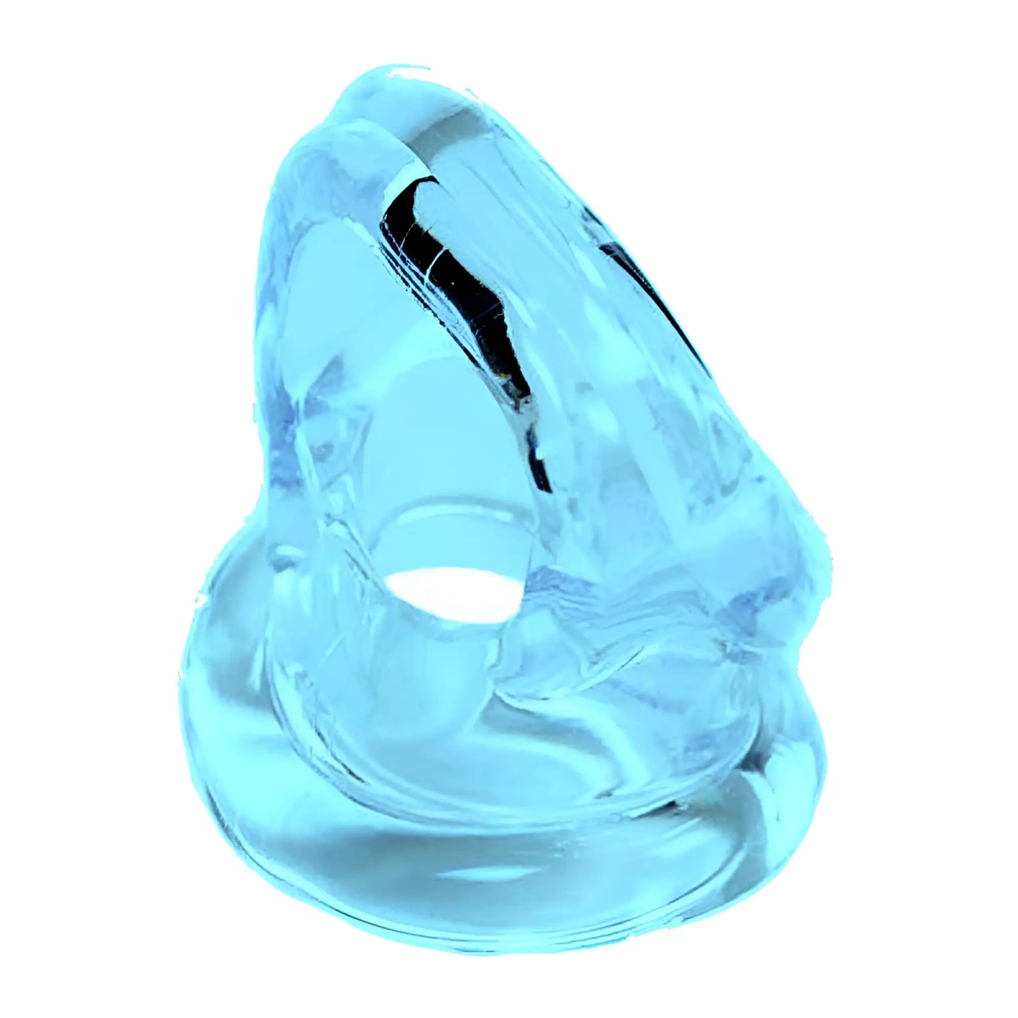 Transparent light blue silicone nasal dilator with smooth glossy finish and ergonomic design for sport f-cker harness
