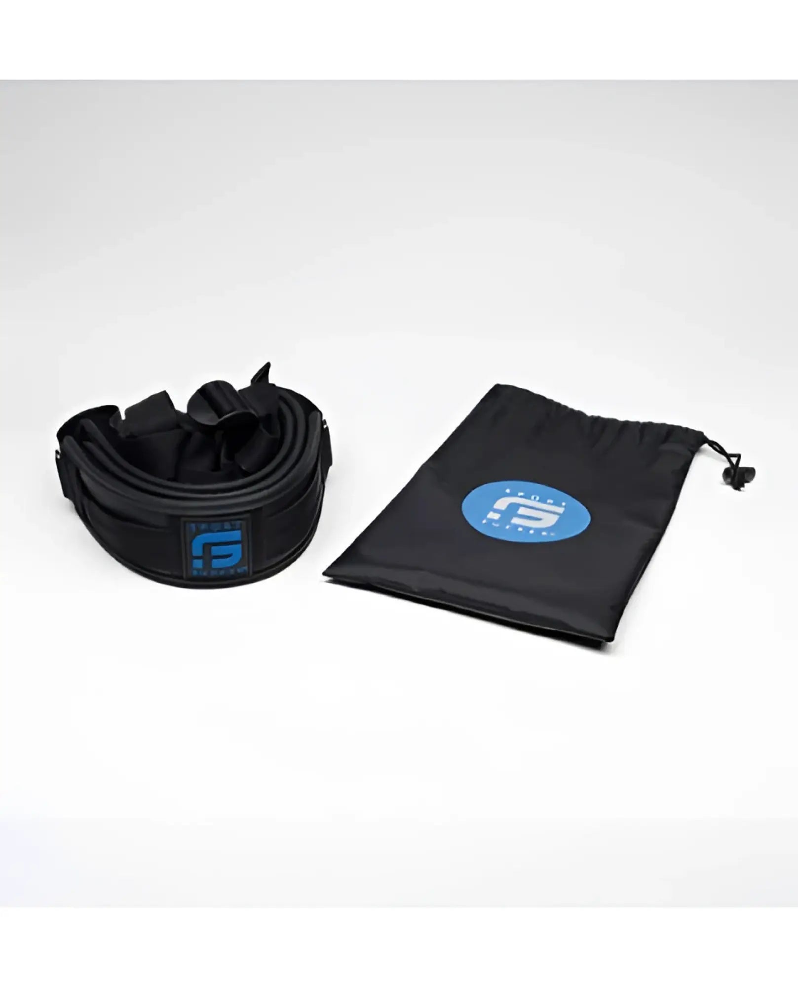 Black adjustable weight belt with blue logo and matching drawstring storage bag for sport fucker accessory travel sling