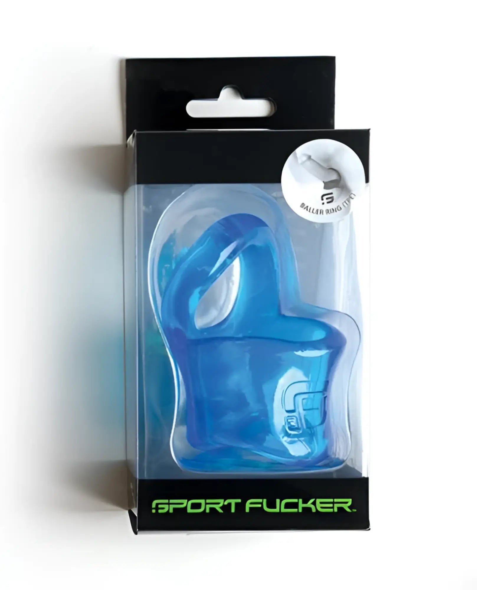 Blue translucent plastic baller ring in black packaging labeled sport fucker for athletic use