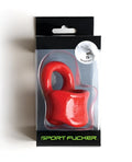 Sport Fucker baller ring in red silicone packaged in clear plastic with black cardboard backing
