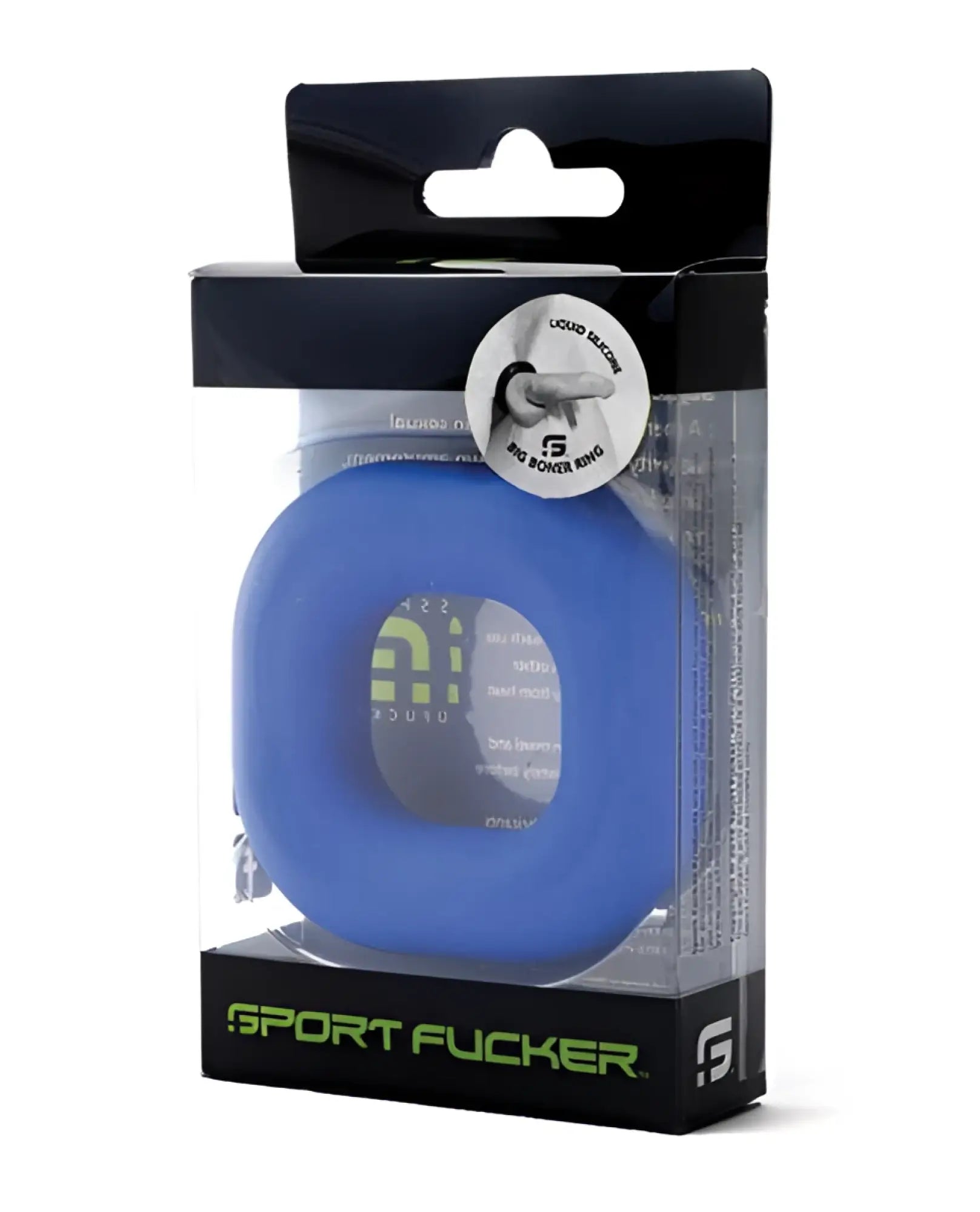 Blue silicone sport flogger ring in black and green packaging for enhanced performance and comfort