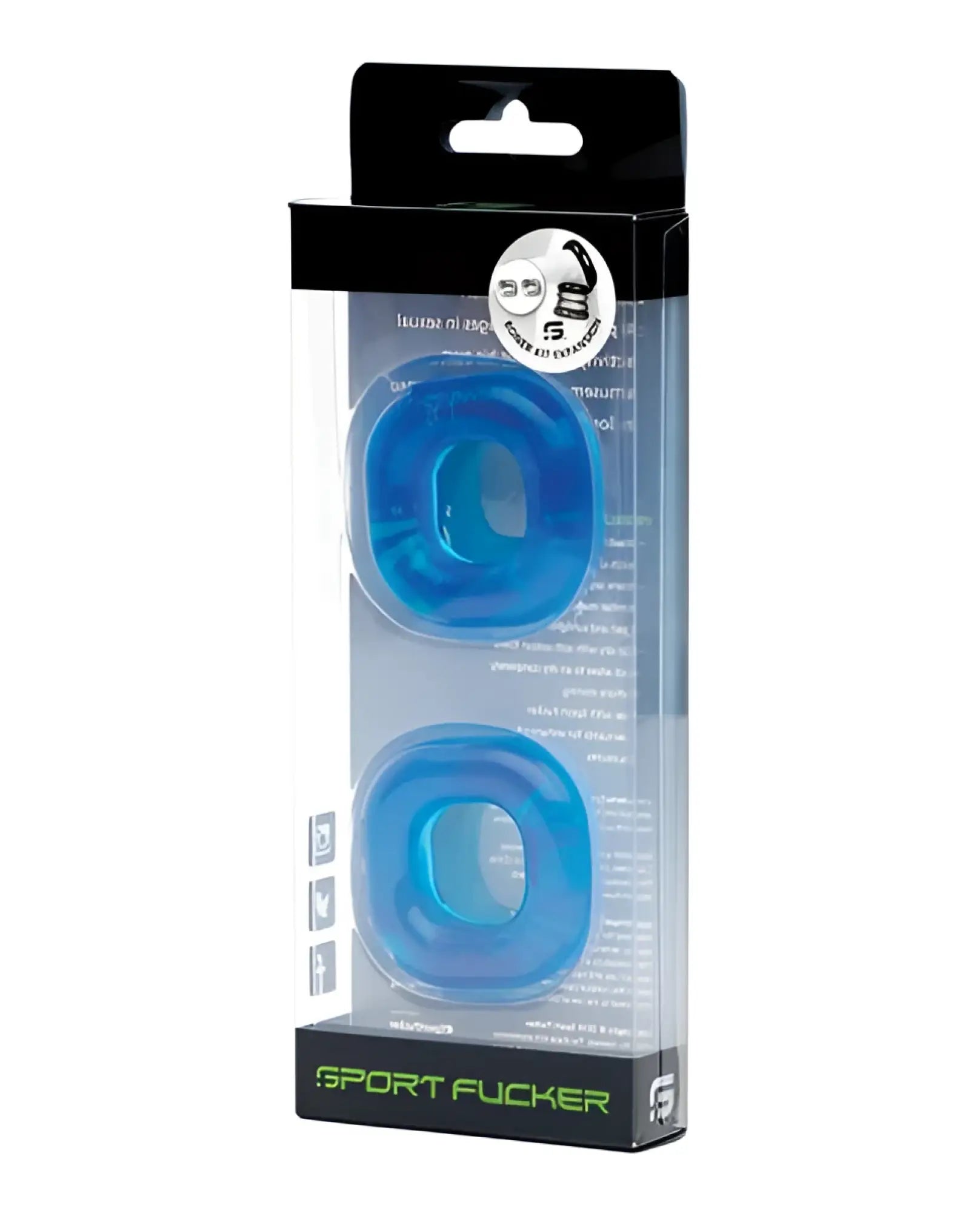 Blue translucent silicone sport flogger rings in black and clear plastic packaging from sport fucker boner expansion kit ice blue