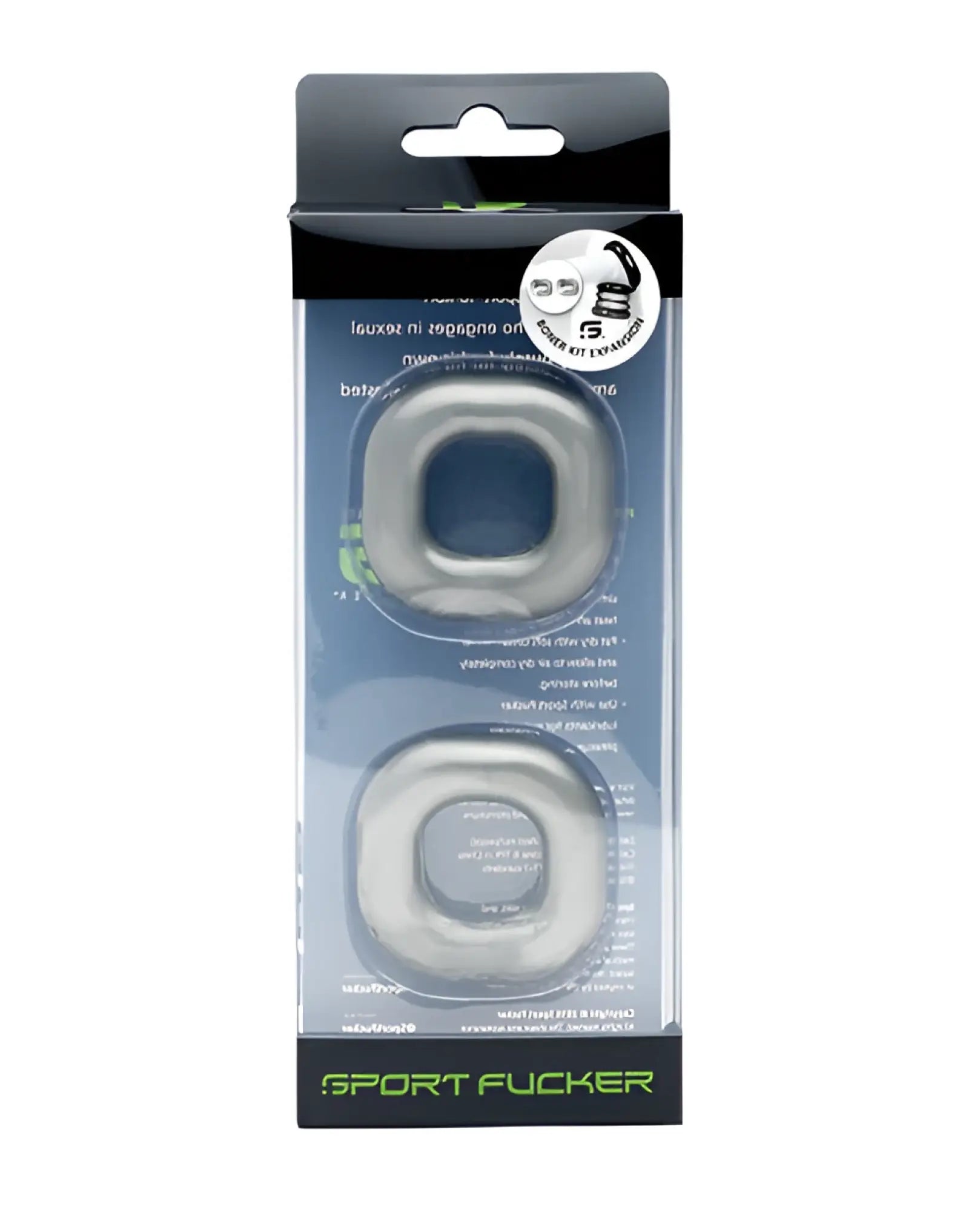 Silver-colored metal sport fucker boner expansion kit ring set sleekly designed in clear plastic packaging