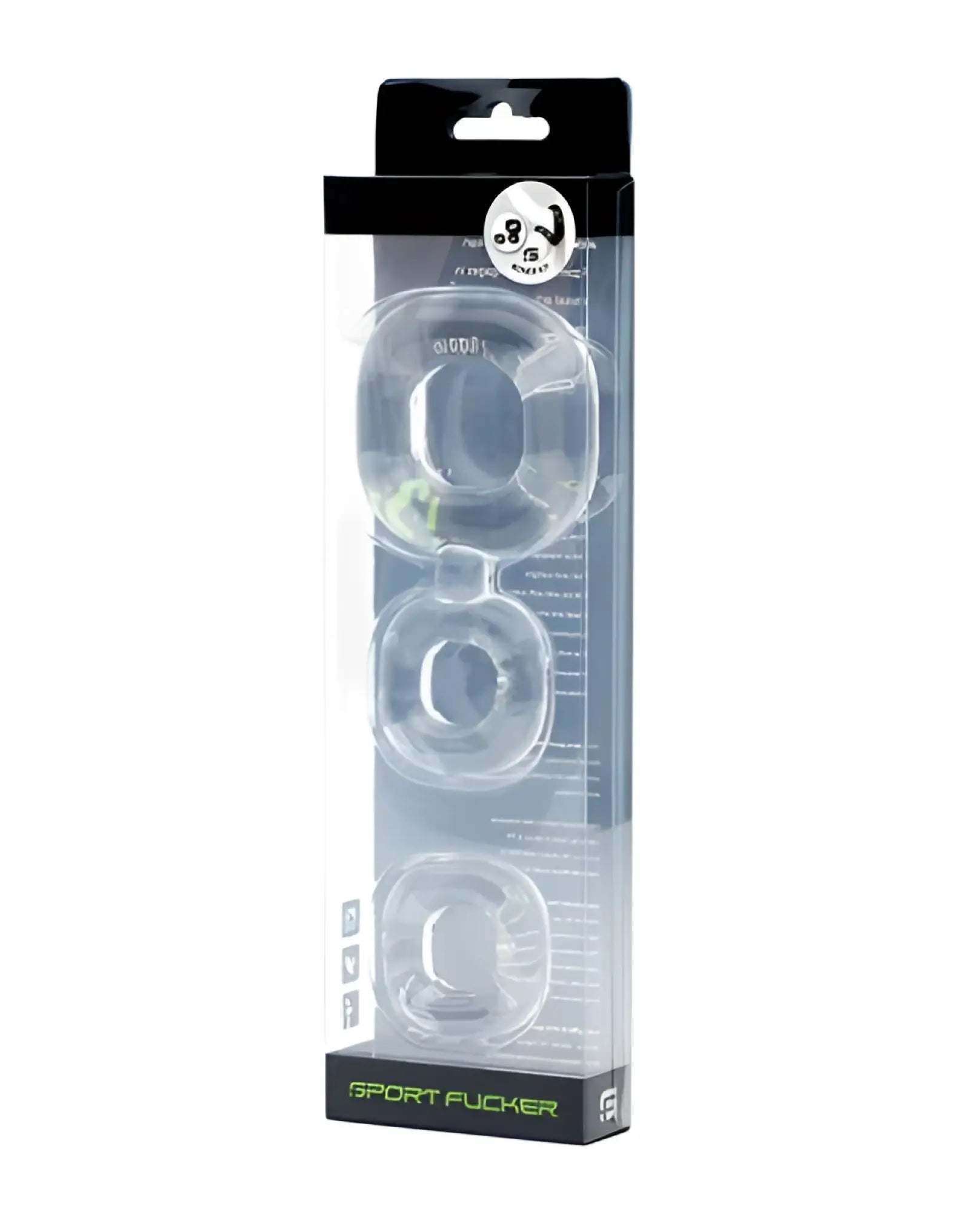 Clear plastic ring set in black and transparent packaging labeled sport fucker for the sport fucker boner kit clear