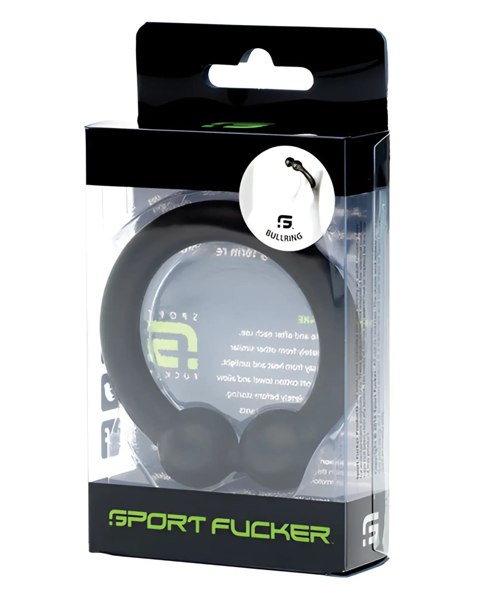 Black rubber sport fucker with green logo and branding on packaging for sport fucker bullring product