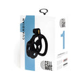 Black plastic sport fucker cellmate guardian chastity cage size 1 with a gold-colored keyhole visible on the front