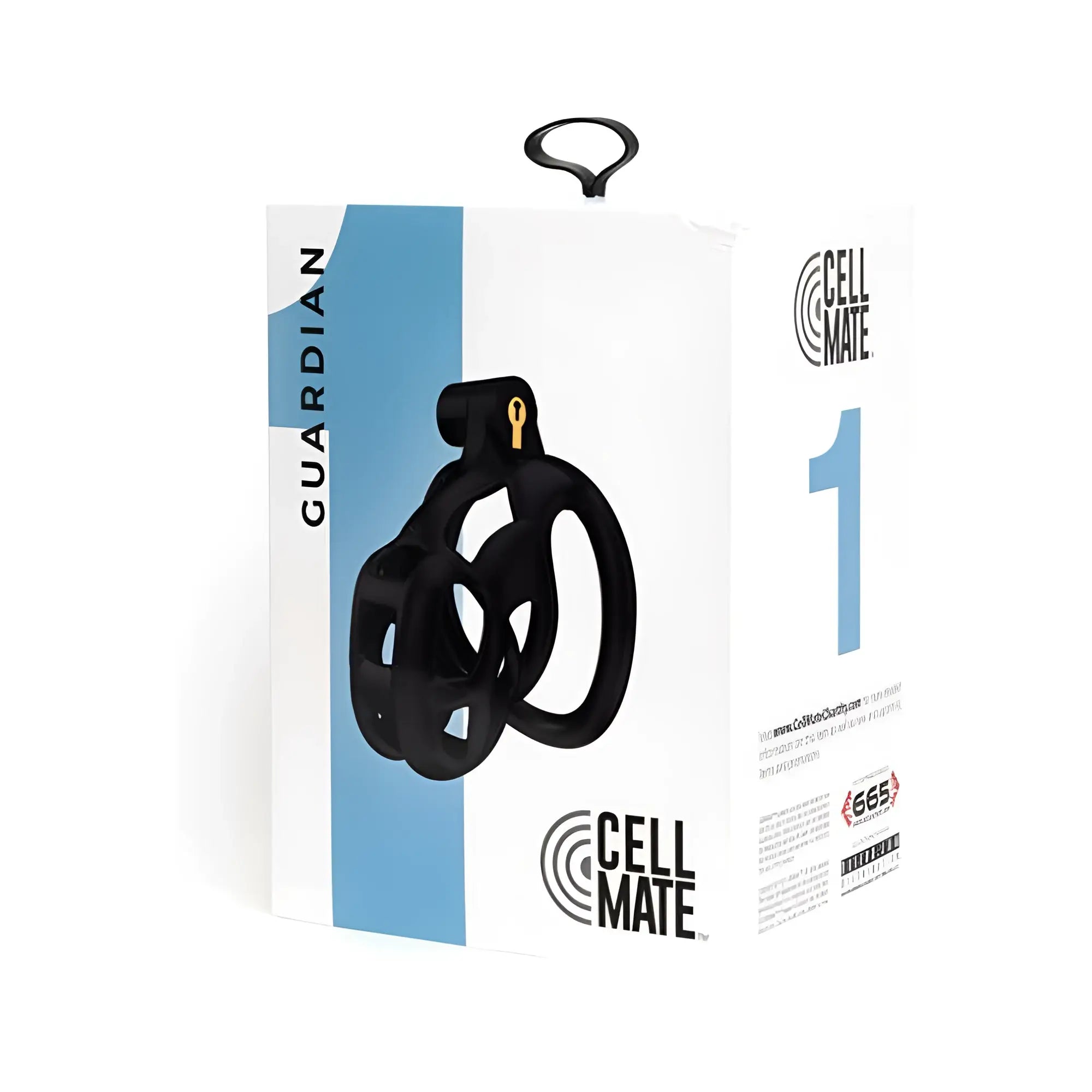 Black plastic sport fucker cellmate guardian chastity cage size 1 with a gold-colored keyhole visible on the front