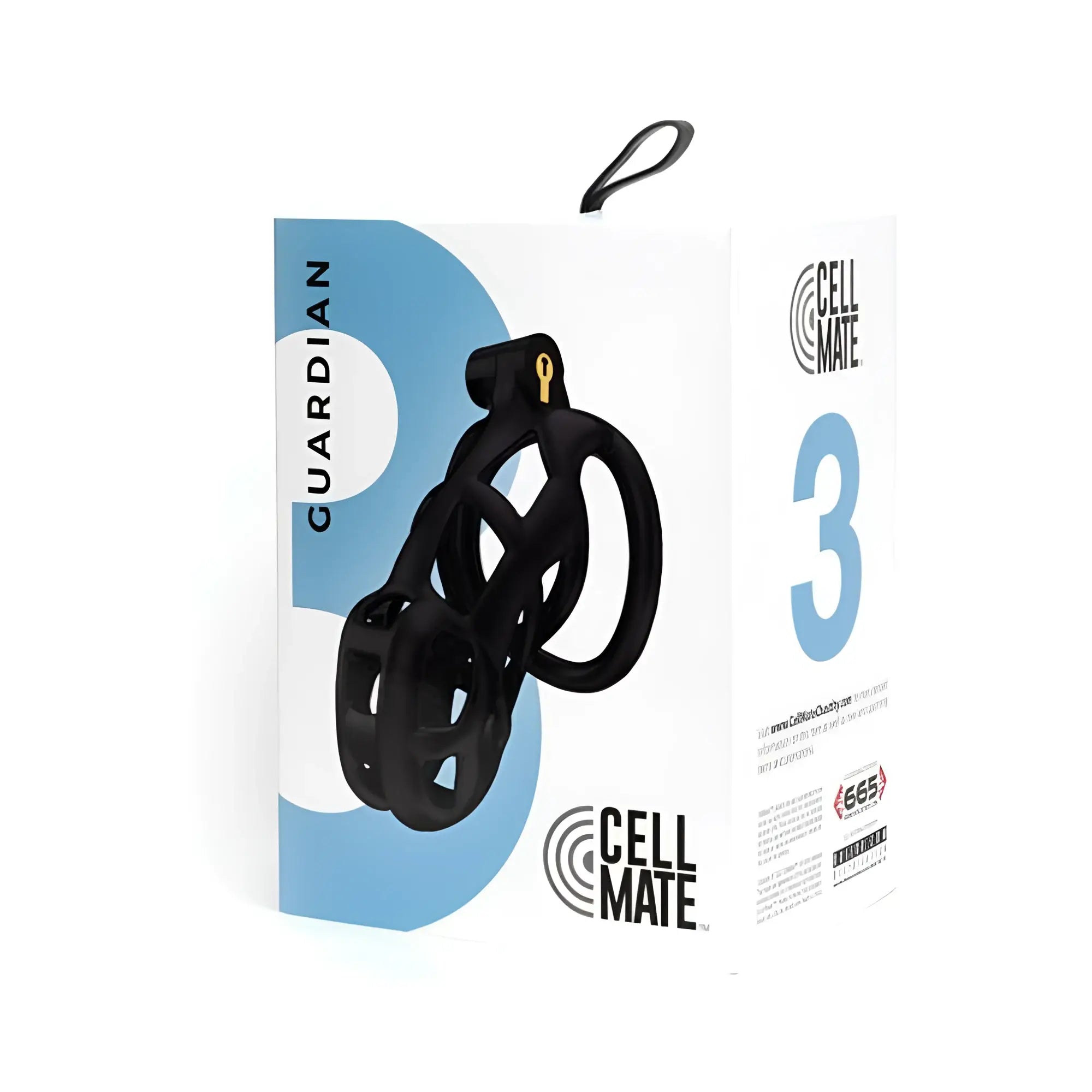 Sport fucker cellmate guardian chastity cage size 3 black is a black plastic device with a gold keyhole and guardian 3 branding