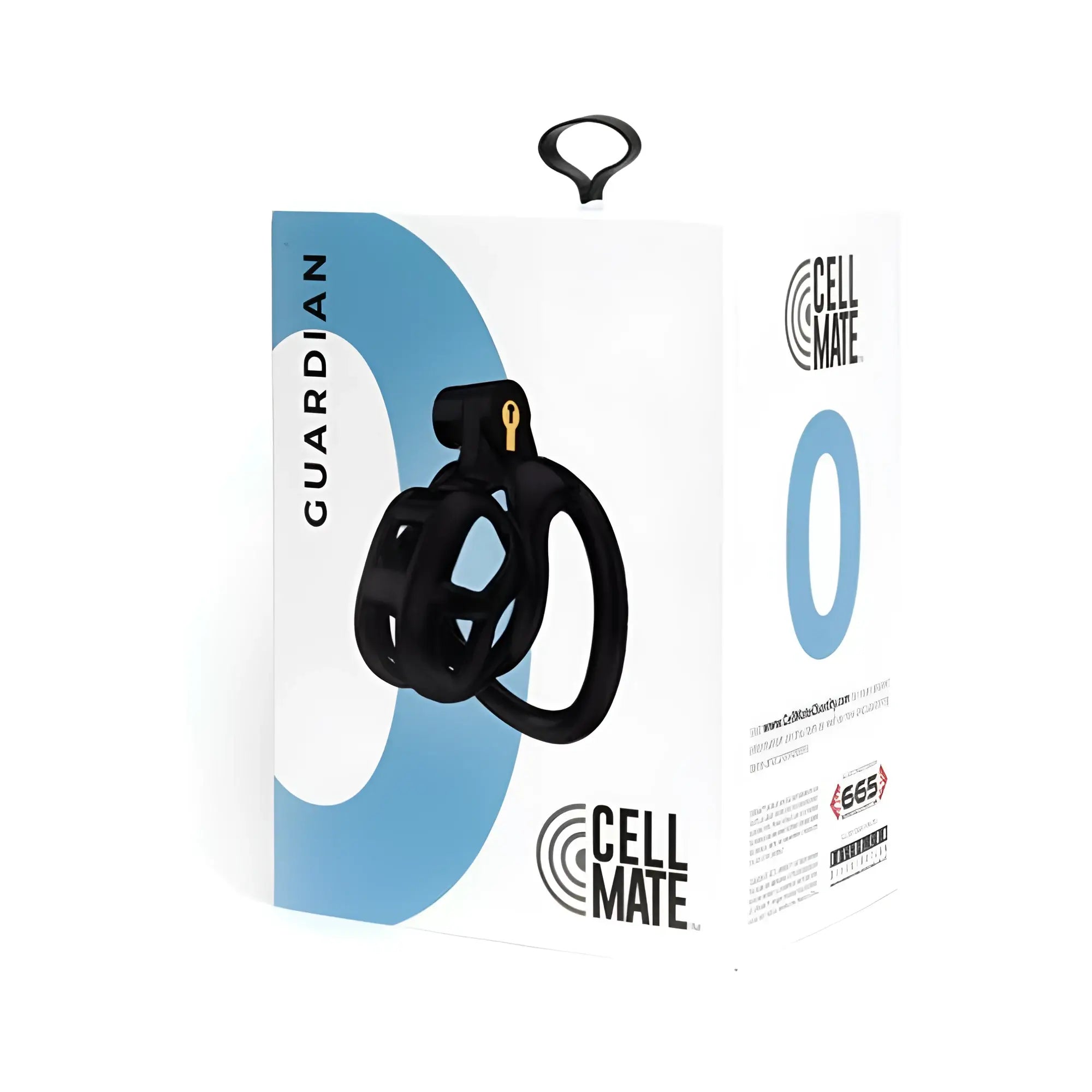 Sport Fucker cellmate guardian chastity cage size 0 black plastic with a gold-colored keyhole front view