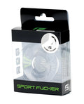 Clear plastic sport fucker chubby cockring with black silicone nipple and green branding on packaging