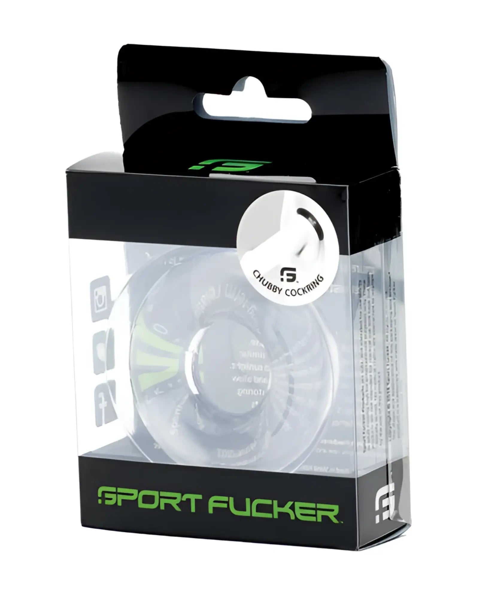 Clear plastic sport fucker chubby cockring with black silicone nipple and green branding on packaging