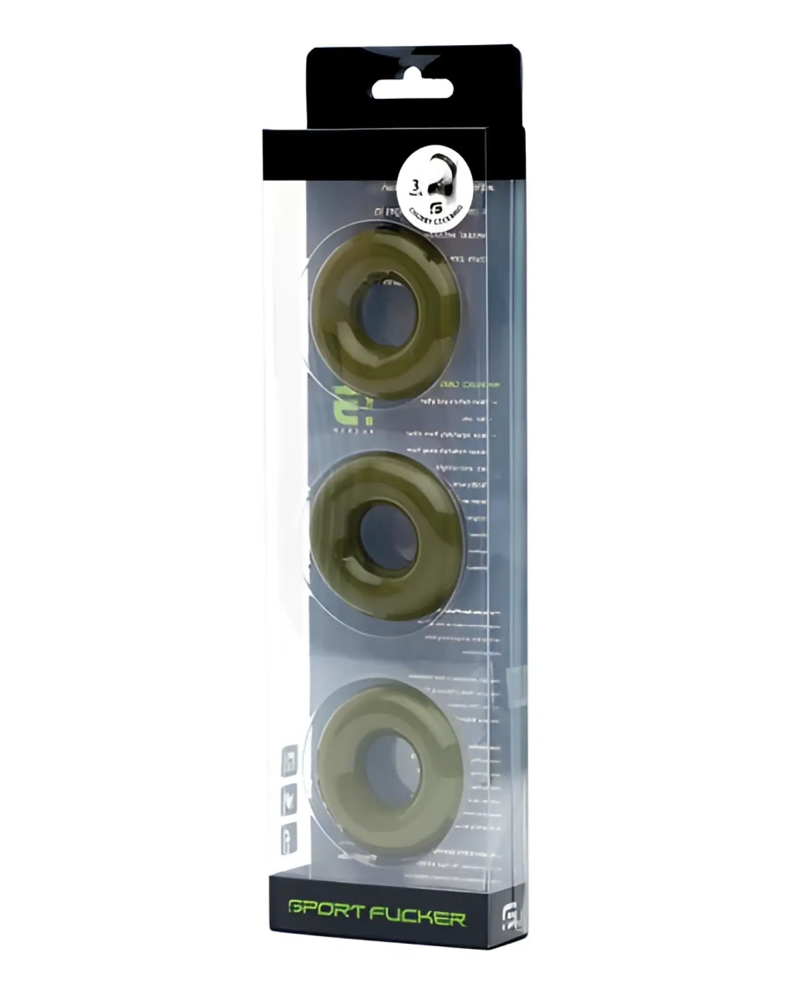 Olive green silicone sport fukker chubby cockring pack of 3 in clear plastic package for sports use