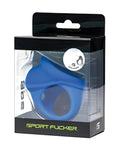 Blue silicone cock ring in black and clear plastic package labeled sport fucker for sport fucker cock chute use