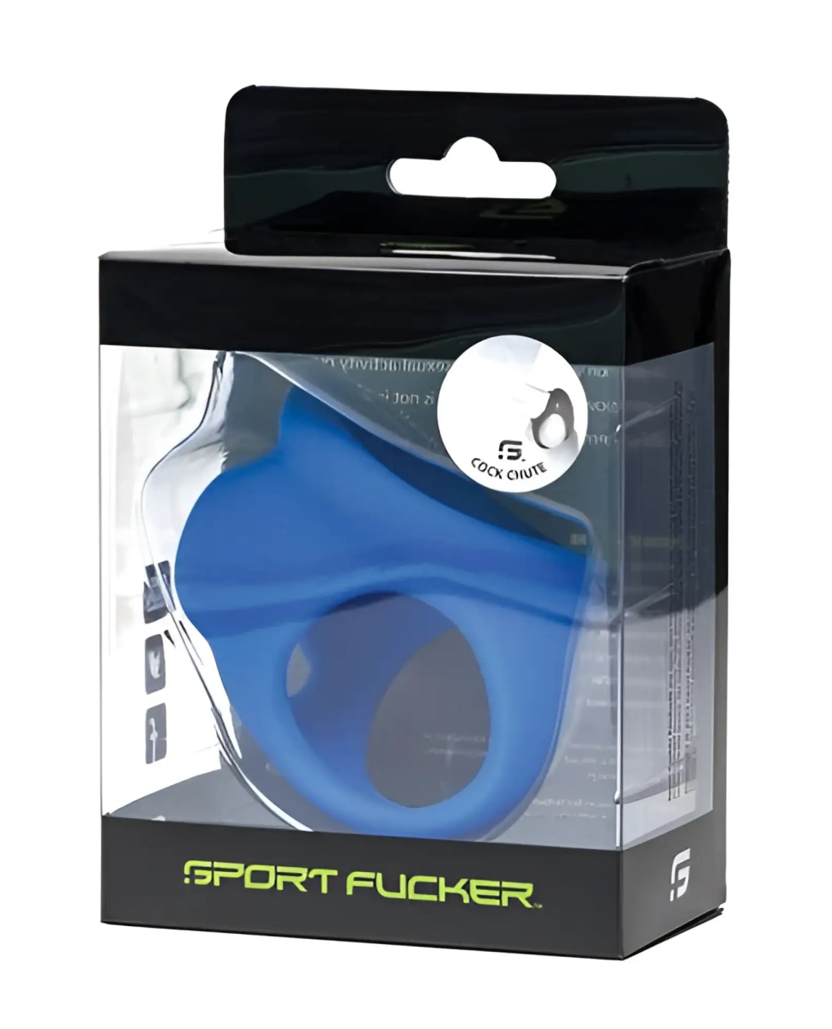 Blue silicone cock ring in black and clear plastic package labeled sport fucker for sport fucker cock chute use