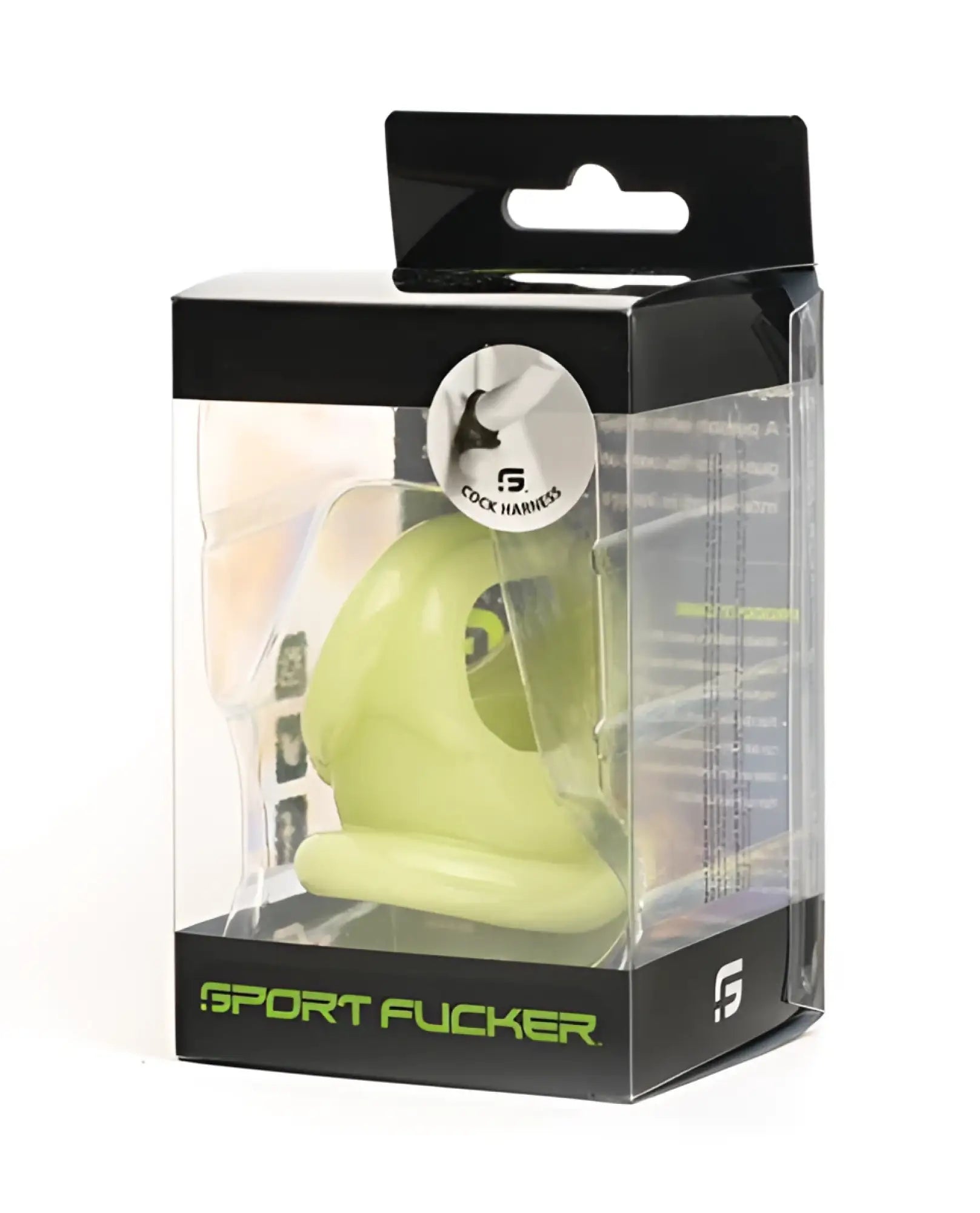 A lime green silicone sport fucker cock harness with a sleek ergonomic design and black branding for glowing effect