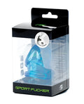 Blue translucent silicone sport fucker cock harness in black and green packaging titled ice blue product image