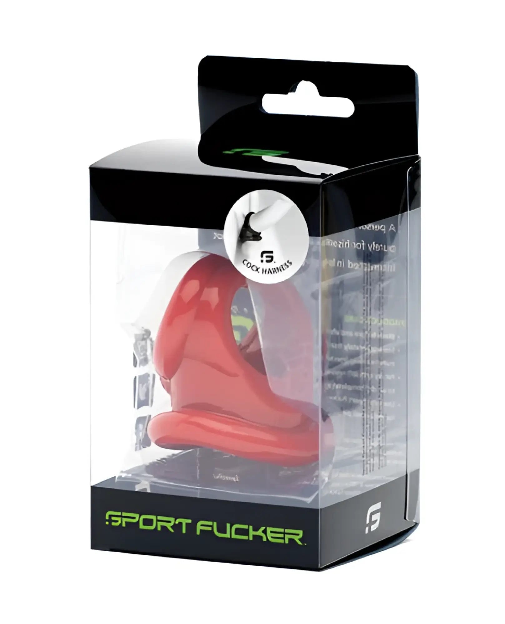 Red silicone sport fucker cock harness in clear plastic packaging with black backing and green branding