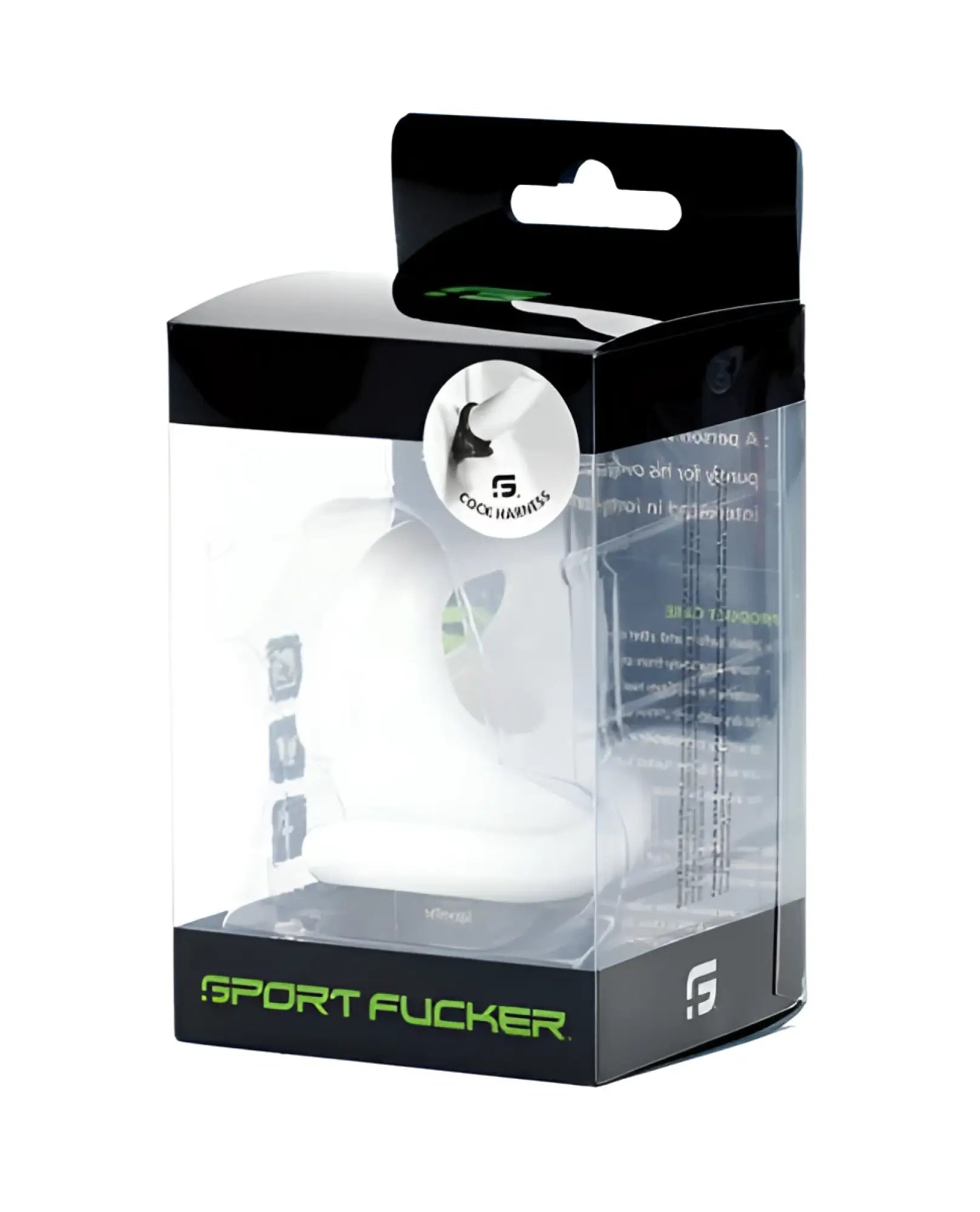 White plastic cock harness sport fucker in black and neon green packaging for sports use
