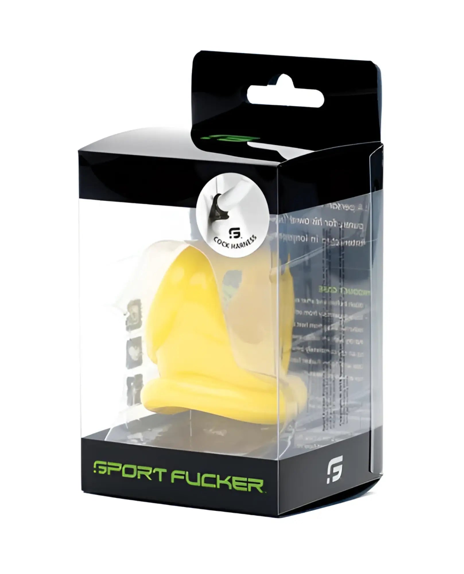 Yellow silicone sport fucker cock harness in black and clear packaging designed for secure wear and comfort