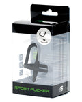Black silicone sport fucker cock plug with curved ergonomic design and green branding on the packaging