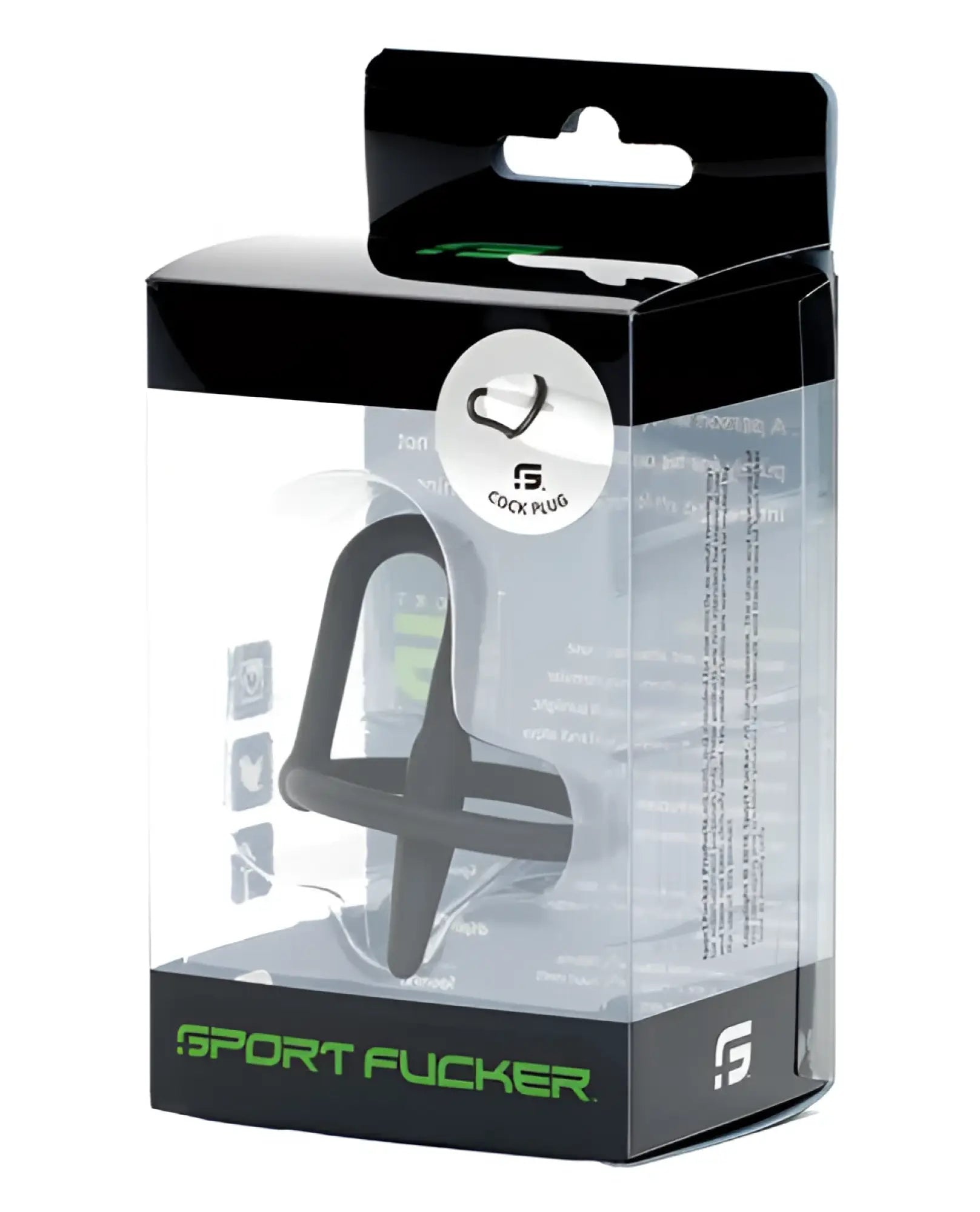 Black silicone sport fucker cock plug with curved ergonomic design and green branding on the packaging
