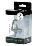 Gray silicone sport fucker cock plug in clear packaging showing the front of the product for ergonomic use