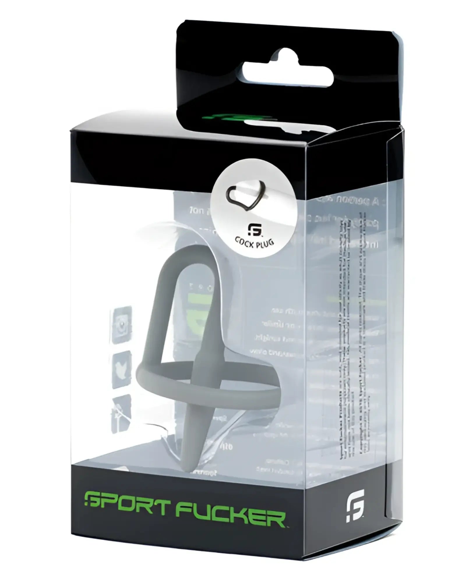 Gray silicone sport fucker cock plug in clear packaging showing the front of the product for ergonomic use