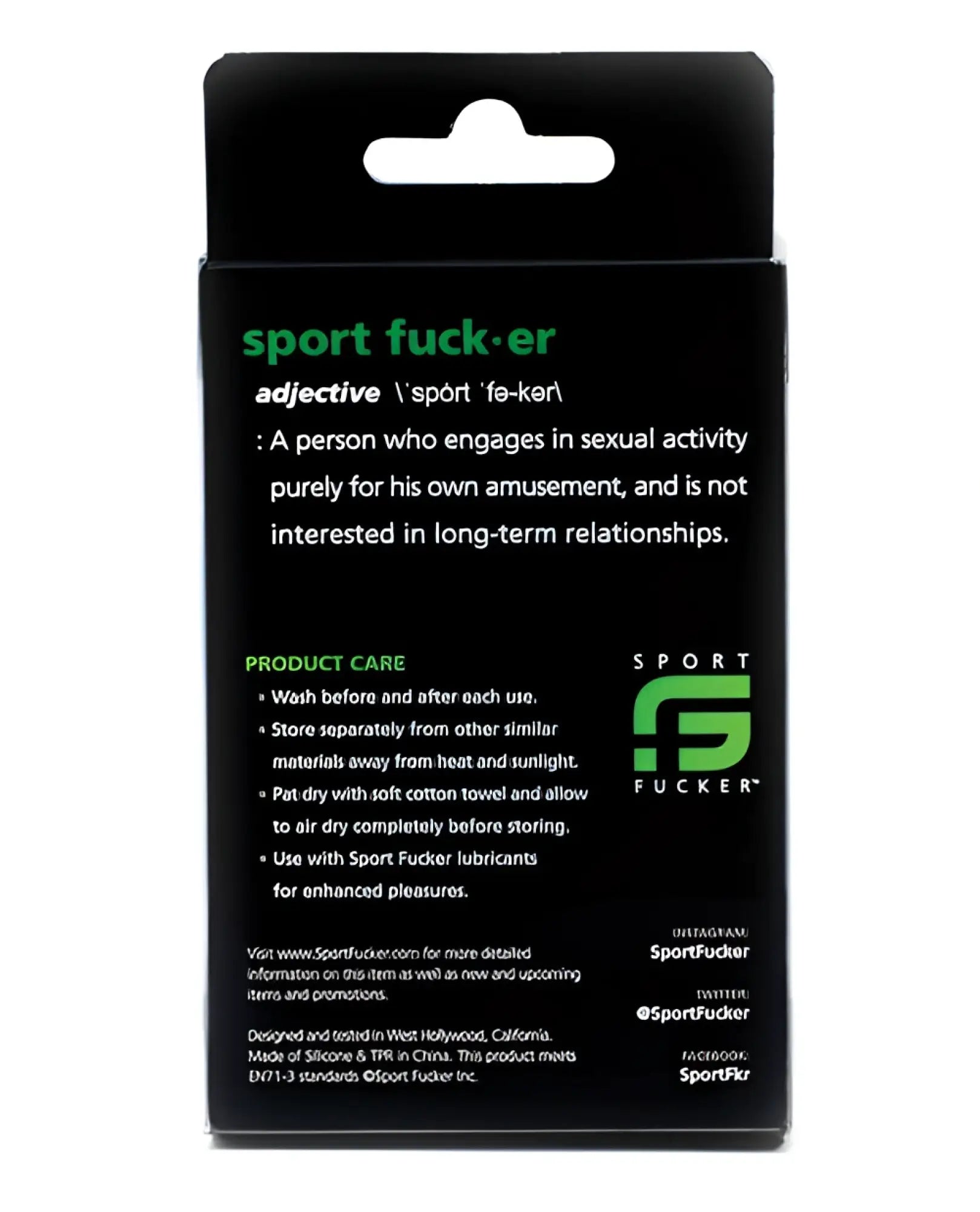 Black rectangular sport fucker cock tube package with green text featuring brand name definition on back side