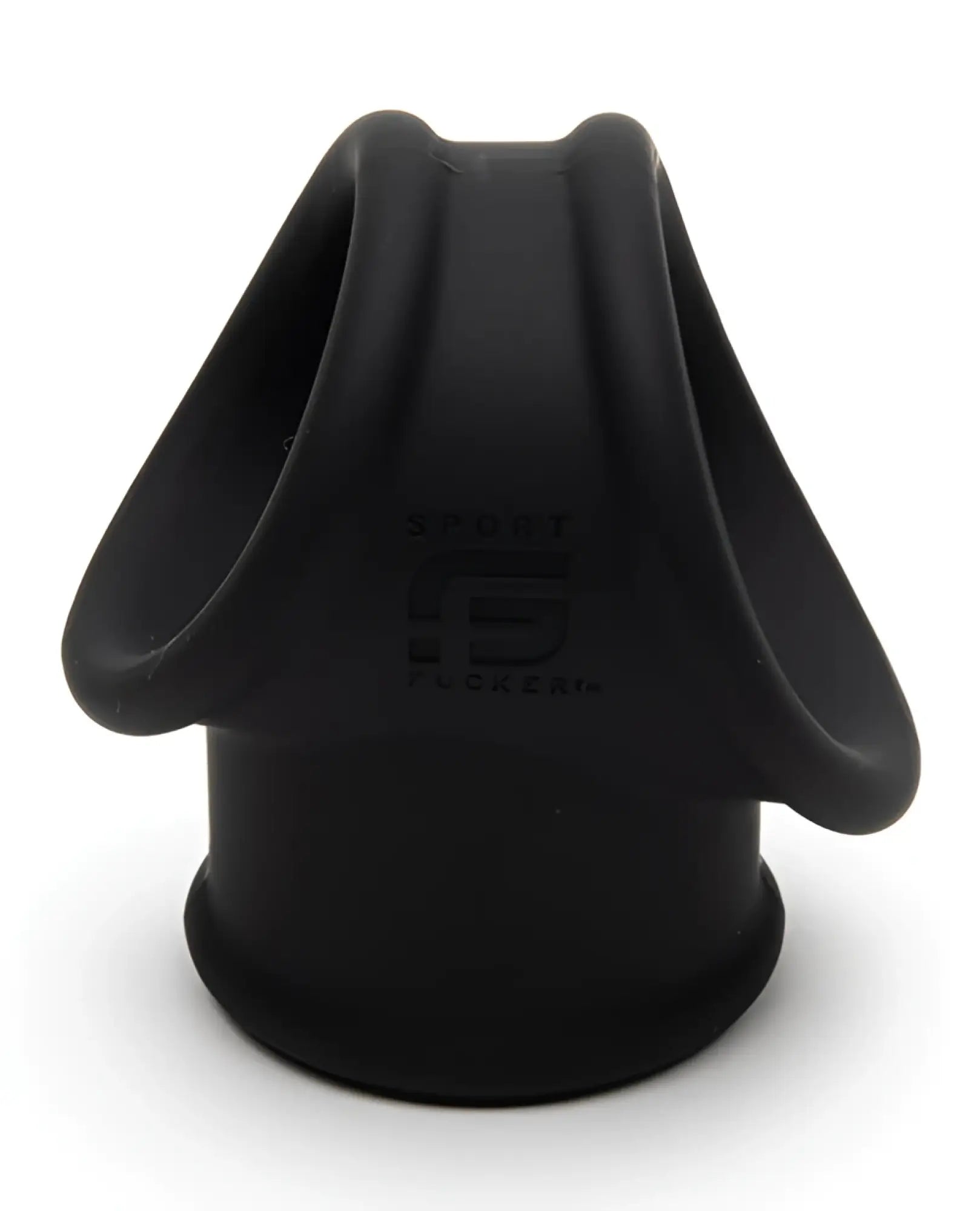 Black silicone sports mouthpiece with sleek ergonomic design and embossed branding for sport fucker cock tube