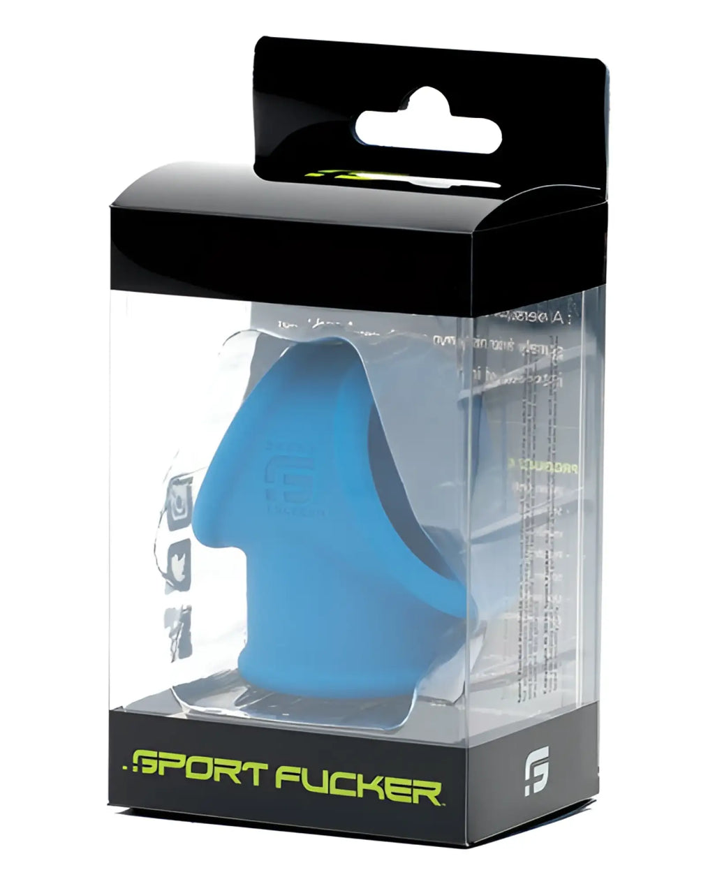 Blue silicone sports cock ring in clear packaging with black cardboard and neon green sport fucker branding