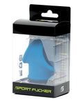 Blue silicone sports cock ring in clear packaging with black cardboard and neon green sport fucker branding