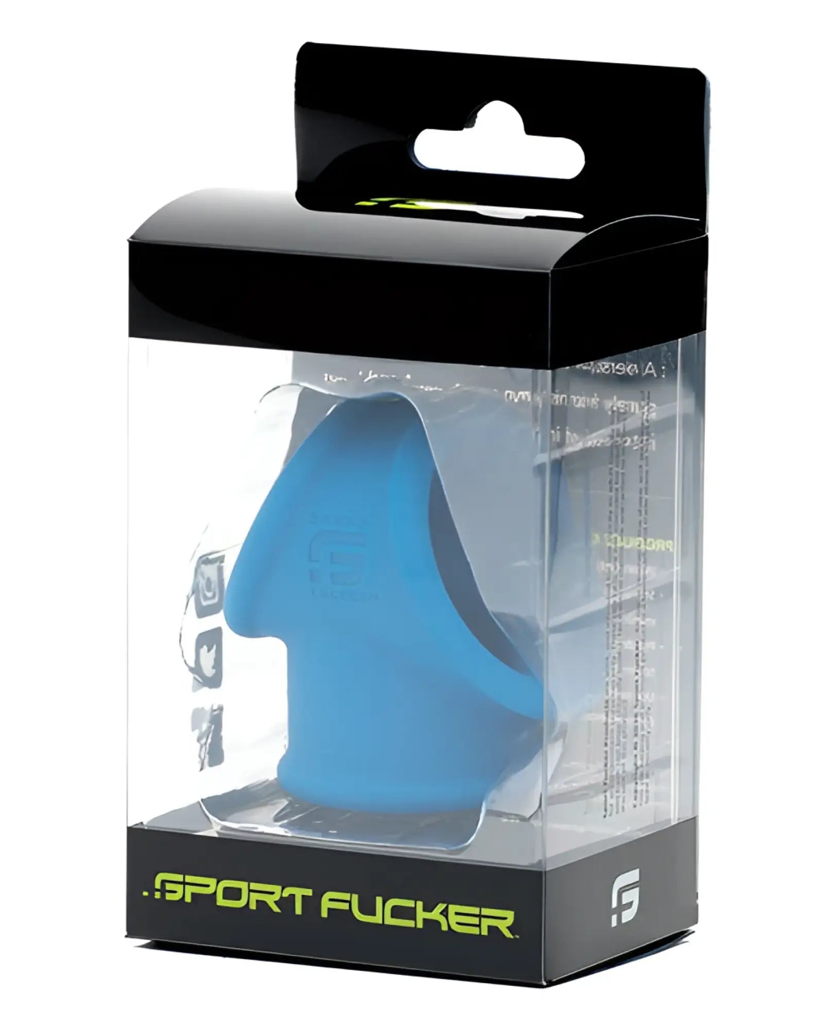 Blue silicone sports cock ring in clear packaging with black cardboard and neon green sport fucker branding