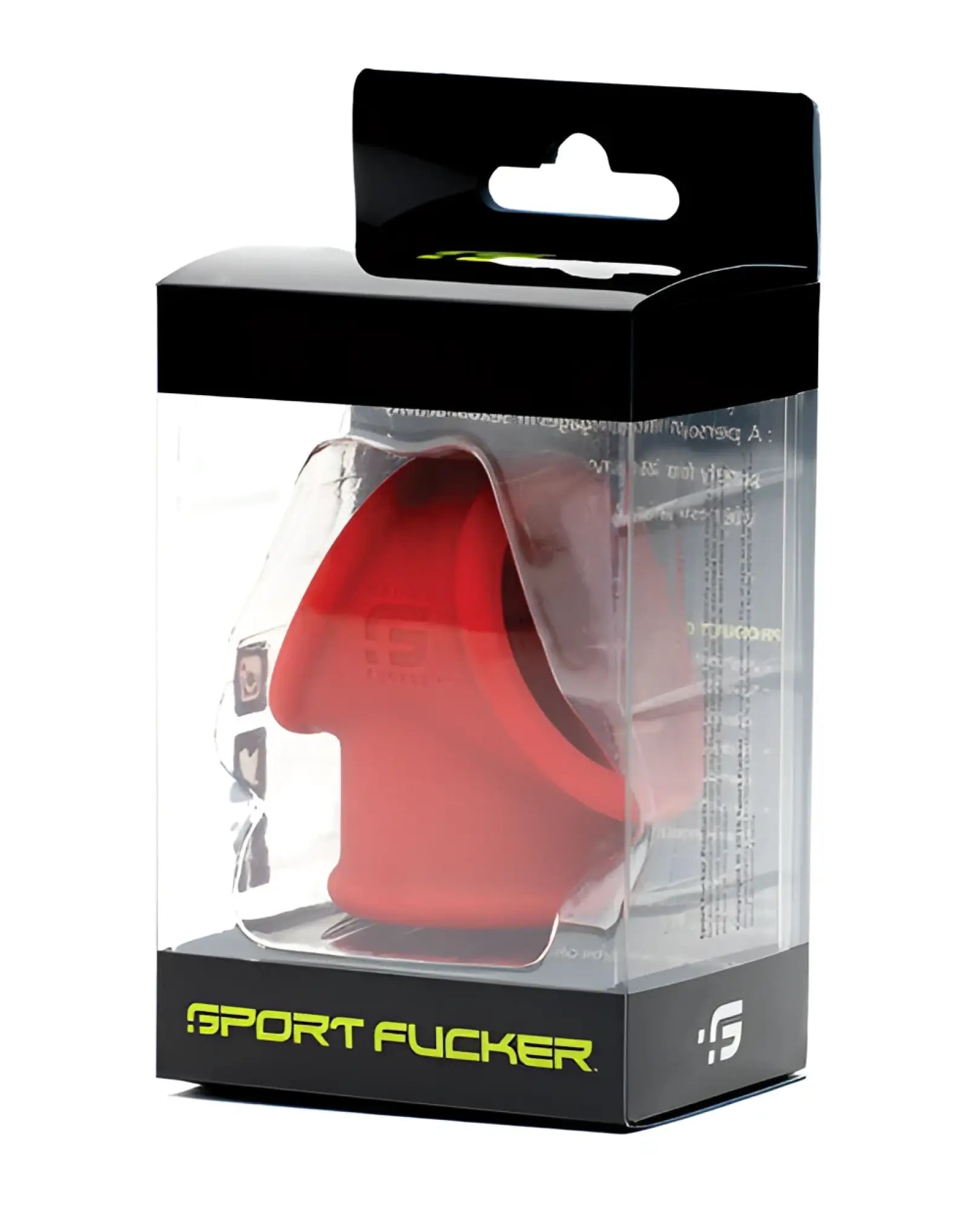 Red silicone sport fucker cock tube in clear plastic packaging with black cardboard backing visible from the front
